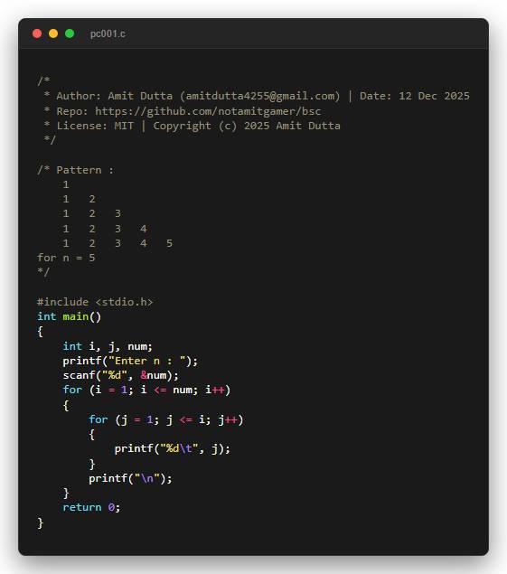 Pattern : 1 1   2 1   2   3 1   2   3   4 1   2   3   4   5 for n = 5